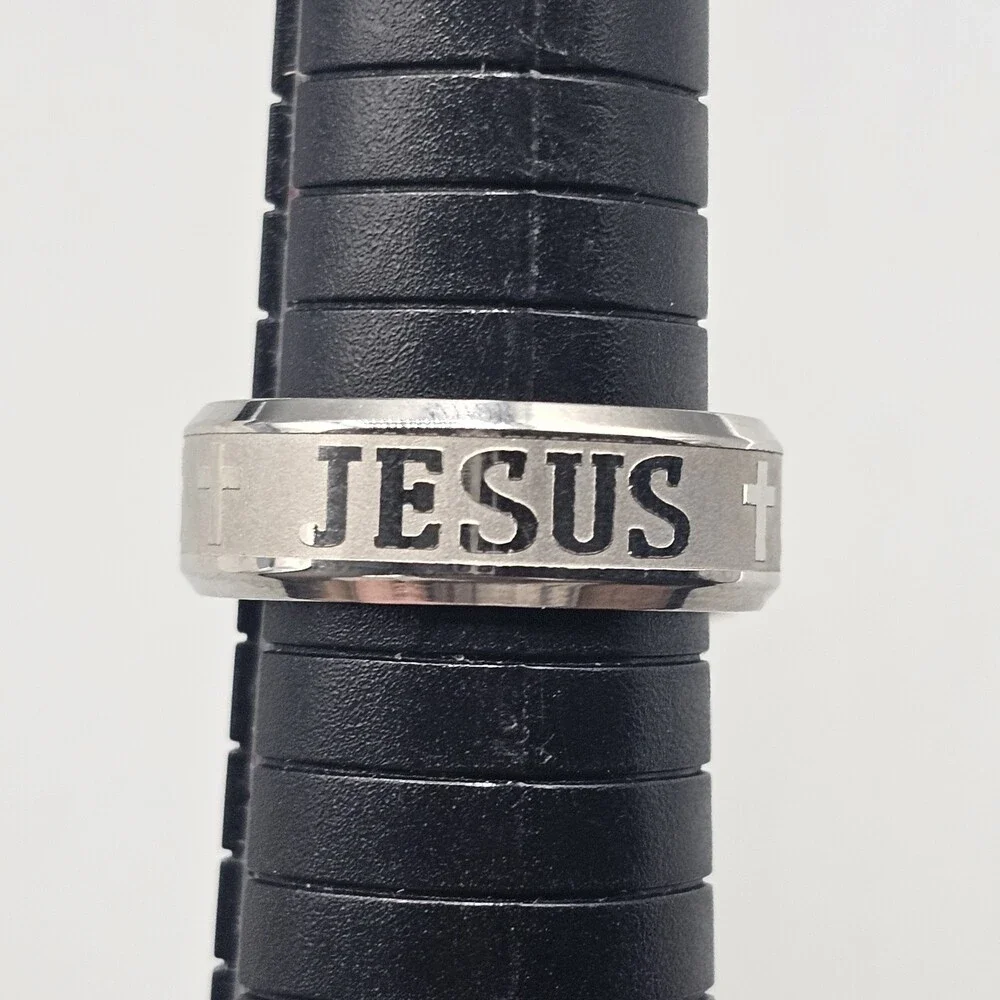 Jesus Mens Ring Silver Tone Size 11 Stainless Steel Cross Religious Christian